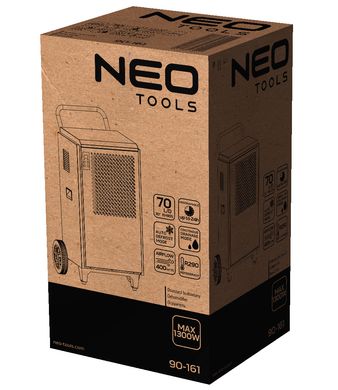 Осушитель воздуха промышленный Neo Tools, 950Вт, 250м2, 400 м3/ч, 70л/сут, непрерывный ливень, LCD дисплей, прогр.времени работы, IP22 (90-161) 90-161 фото