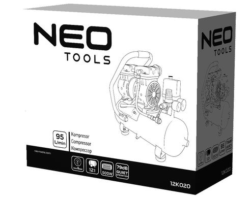 Neo Tools 12K020 Компрессор, безмасляный, 230В, 12л, 8 Бар, 105л/мин, 500Вт, прямой привод, индукционный, IP20 (12K020) 12K020 фото